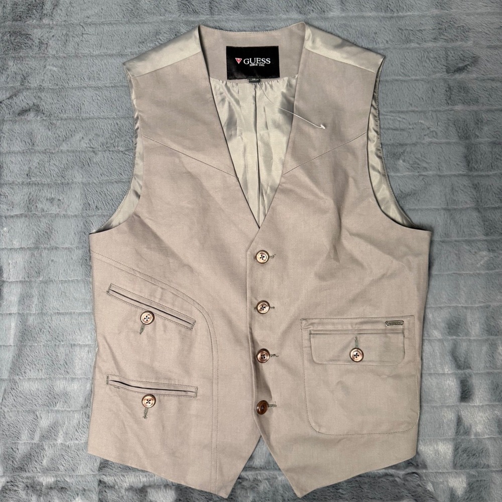 Guess Mens Taupe Grey Cotton Button Front Multi Pocket Waistcoat Vest Medium